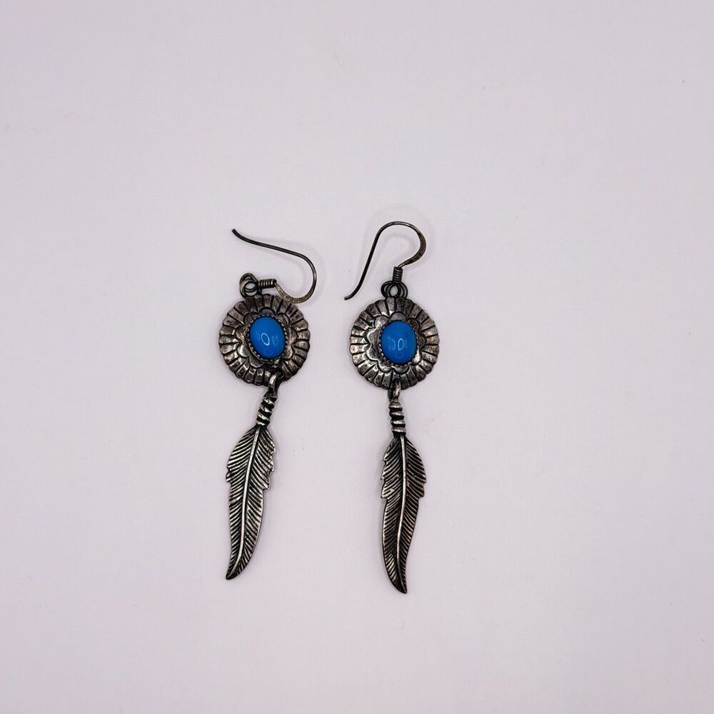 925 Sterling Silver Sleeping Beauty Turquoise Feather Dangle Southwestern